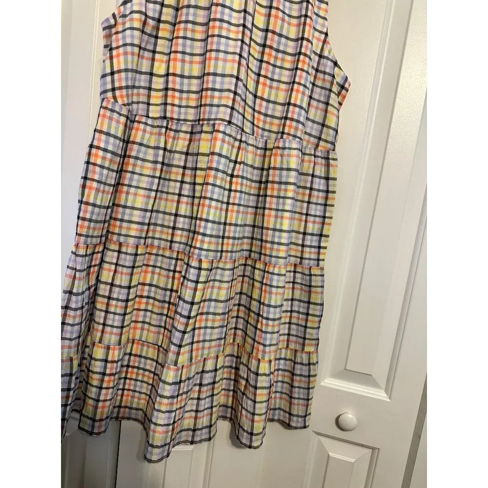 Loft Sleeveless Pastel Plaid Tiered Dress With Ruffle Neckline L‎
